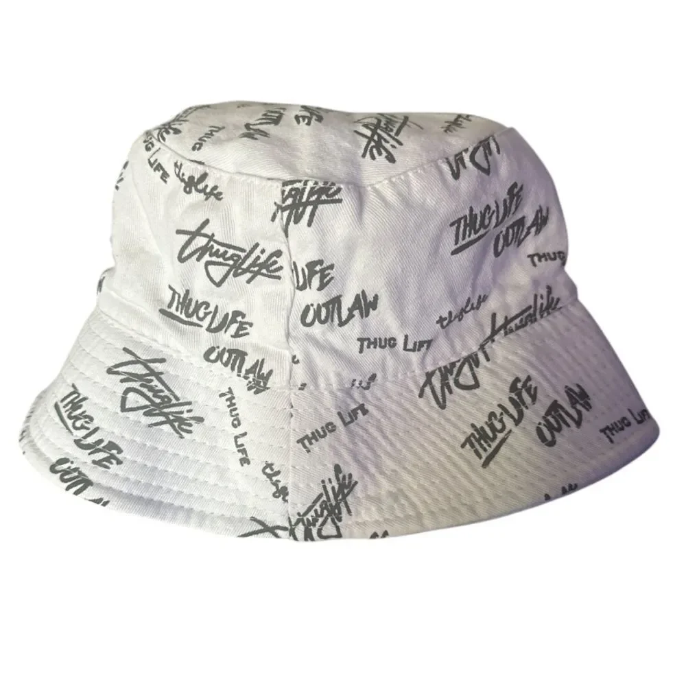 THUG LIFE white bucket hat black lettering